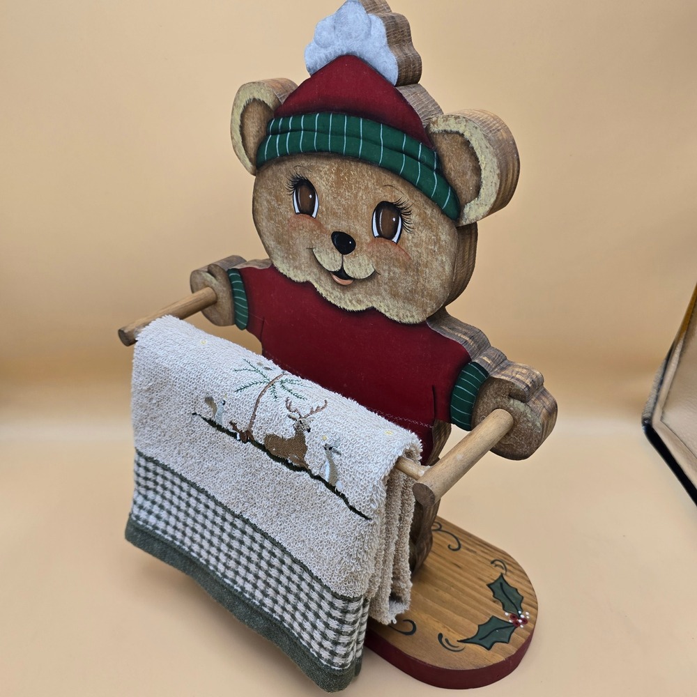 Vintage Christmas Wooden Teddy Bear Towel Holder Hand Painted Folk Art Holiday - Picture 3 of 16